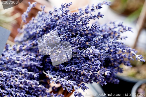 Image of beautiful violet lavender bouquet in basket