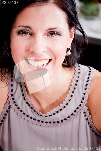 Image of happy smiling couple in restaurant celebrate