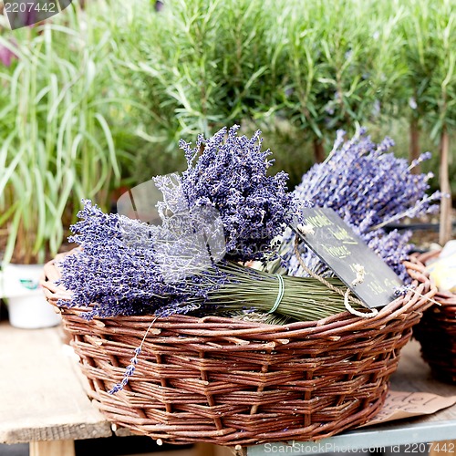 Image of beautiful violet lavender bouquet in basket