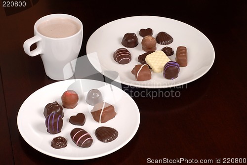 Image of Two plates of chocolates with a cup of hot chocolate