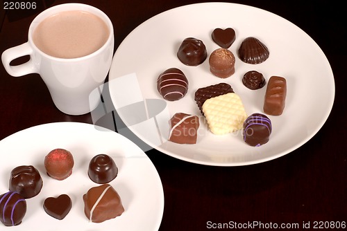 Image of Top view of two plates of chocolates with a cup of hot chocolate