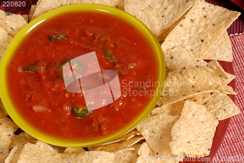 Image of Pverhead view of a bowl of salsa with tortilla chips