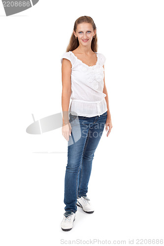 Image of Full portrait of beautiful stylish girl in fashion stylish jeans