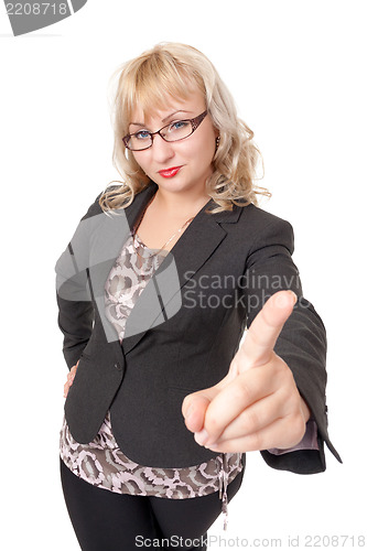 Image of Strict business woman with glasses shaking his finger
