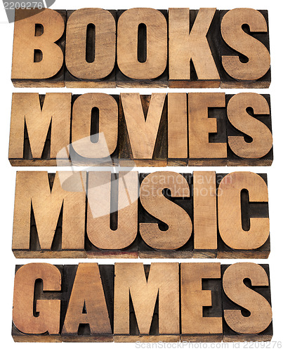 Image of books, movies, music and games