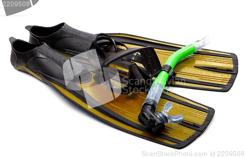 Image of Mask, snorkel and flippers with water drops. Diving gear on whit