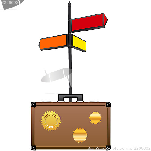 Image of Street sign and travel suitcase. Tourism concept.