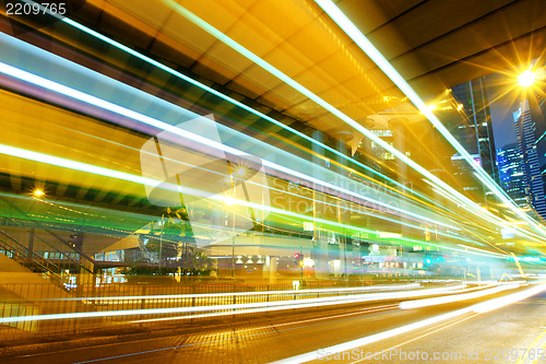 Image of moving car with blur light through city at night