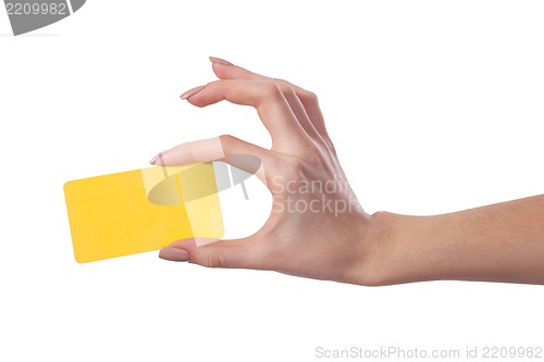 Image of Businesswoman's hand holding blank business card