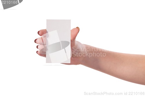 Image of Businesswoman's hand holding blank business card