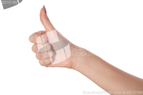 Image of Female hand showing thumbs up sign isolated on white