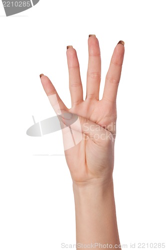 Image of Hand gesture number four closeup isolated on white