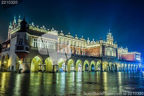 Image of Poland, Krakow. Market Square at night.