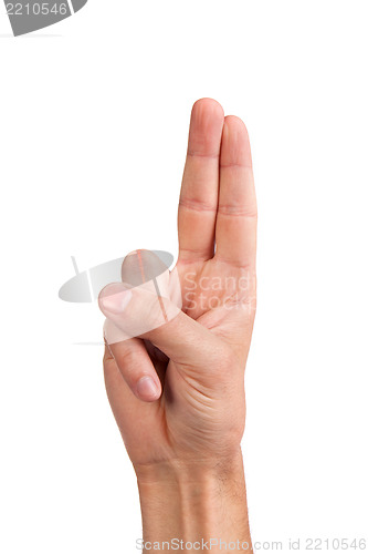 Image of Hand gesture number four closeup isolated on white