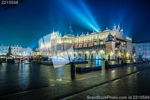 Image of Poland, Krakow. Market Square at night.