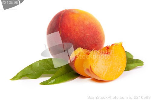 Image of One tasty juicy peache with slices on a white background