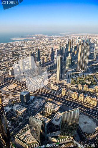 Image of Dubai downtown. East, United Arab Emirates architecture