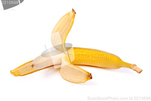 Image of Open banana on white background