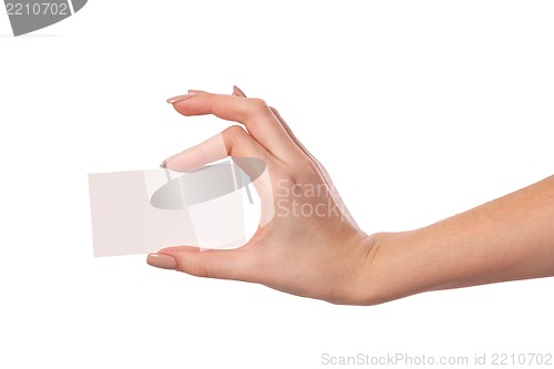 Image of Businesswoman's hand holding blank business card