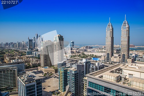 Image of Dubai downtown. East, United Arab Emirates architecture