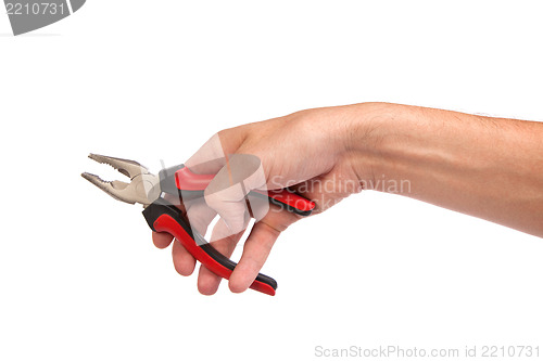 Image of Male hand hold a black and red pliers