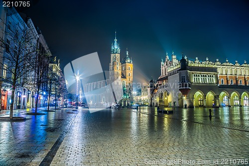 Image of Poland, Krakow. Market Square at night.
