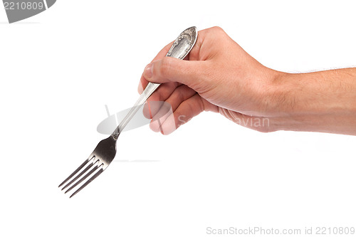 Image of Right mans hand with empty metallic fork