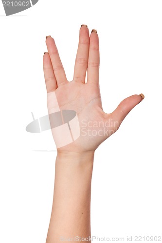 Image of Female palm hand vulcan gesture, isolated on white