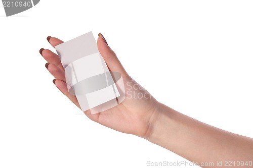 Image of Businesswoman's hand holding blank business card