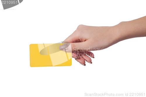 Image of Businesswoman's hand holding blank business card