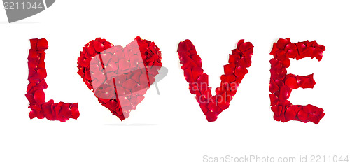 Image of Love of rose petals isolated on white