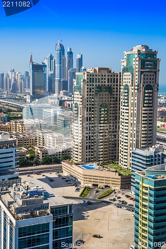 Image of Dubai downtown. East, United Arab Emirates architecture