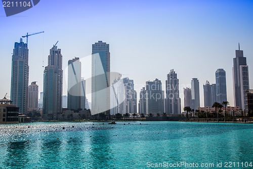 Image of Dubai downtown. East, United Arab Emirates architecture