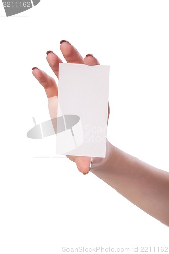 Image of Businesswoman's hand holding blank business card