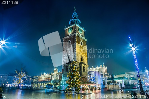 Image of Poland, Krakow. Market Square at night.