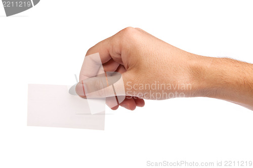 Image of Businessman's hand holding blank business card