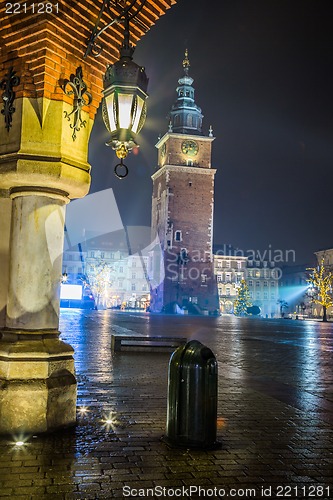 Image of Poland, Krakow. Market Square at night.