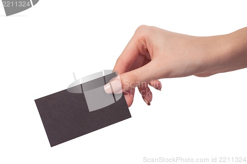 Image of Businesswoman's hand holding blank business card