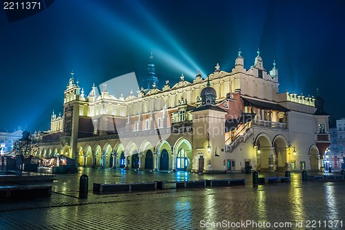 Image of Poland, Krakow. Market Square at night.