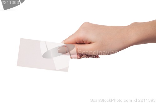 Image of Businesswoman's hand holding blank business card