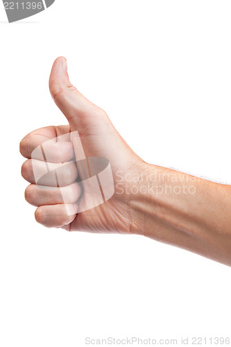 Image of Male hand showing thumbs up sign isolated on white