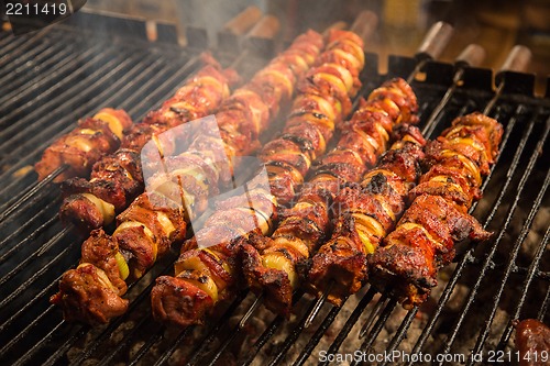 Image of Steak and other meat on barbeque. Background. Smoke. Meals, Clos