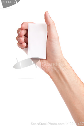 Image of Businessman's hand holding blank business card