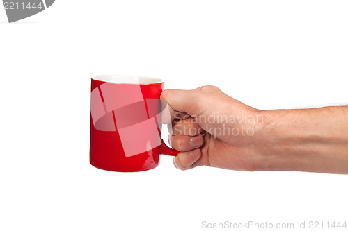 Image of Male hand is holding a red cup