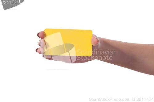 Image of Businesswoman's hand holding blank business card