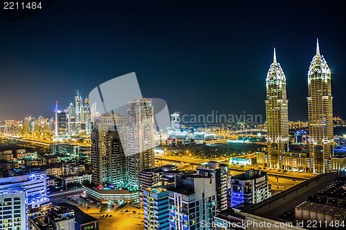 Image of Dubai downtown. East, United Arab Emirates architecture