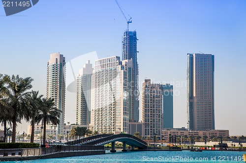 Image of Dubai downtown. East, United Arab Emirates architecture