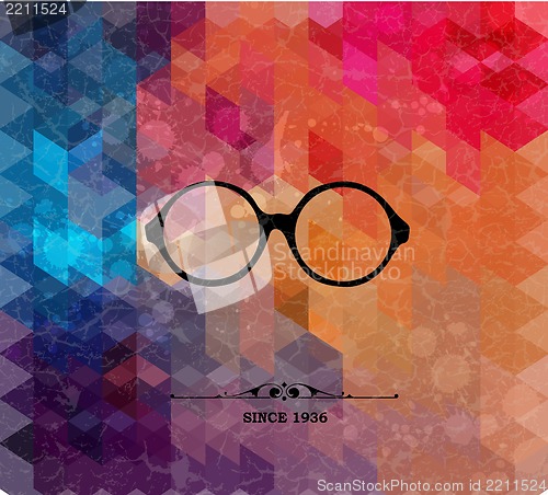Image of Retro glasses on colorful geometric background with grunge paper.