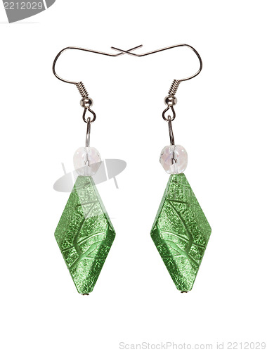 Image of Earrings in silver diamond-shaped light green on a white backgro