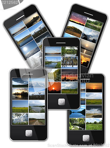 Image of five modern mobile phones with many photo of landscapes